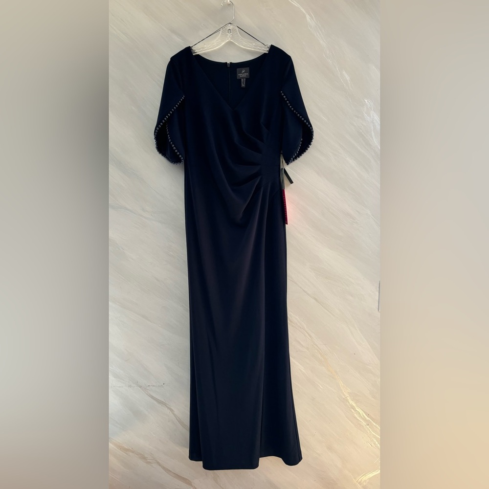 Adrianna Papell Midnight Blue Pearl Tulip Sleeve Crepe Mermaid Gown Size 10 NWT